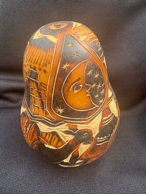 Hand-Carved Detailed Gourd Art Sculpture Southwestern Sun Face Desert Scene